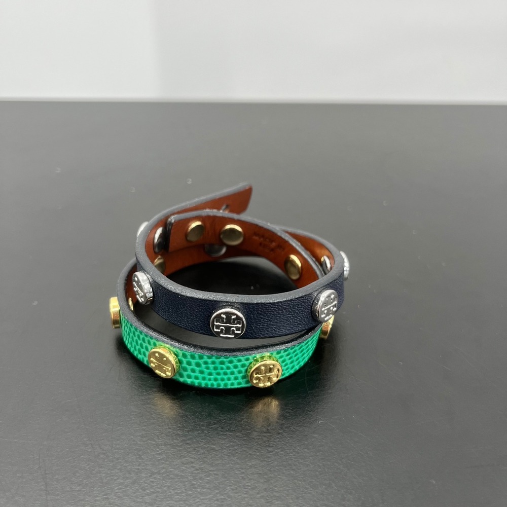 Tory Burch Wrap Bracelet Womens OS Green Navy Blue Excellent Logo Stud Leather